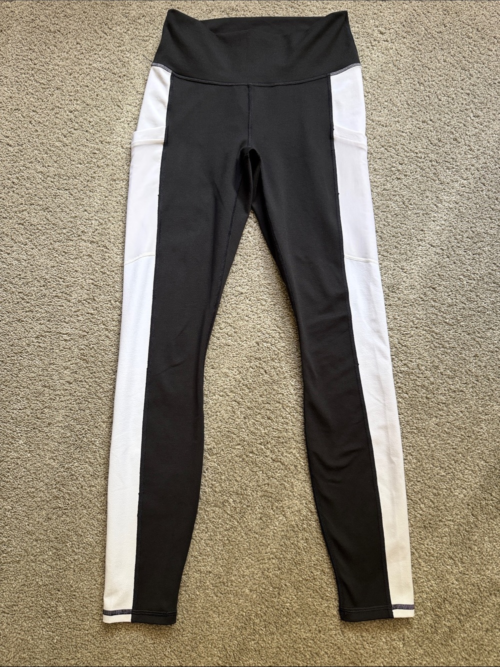 Fabletics Black PowerHold Leggings with White Side Panels & Mesh Pockets Size S